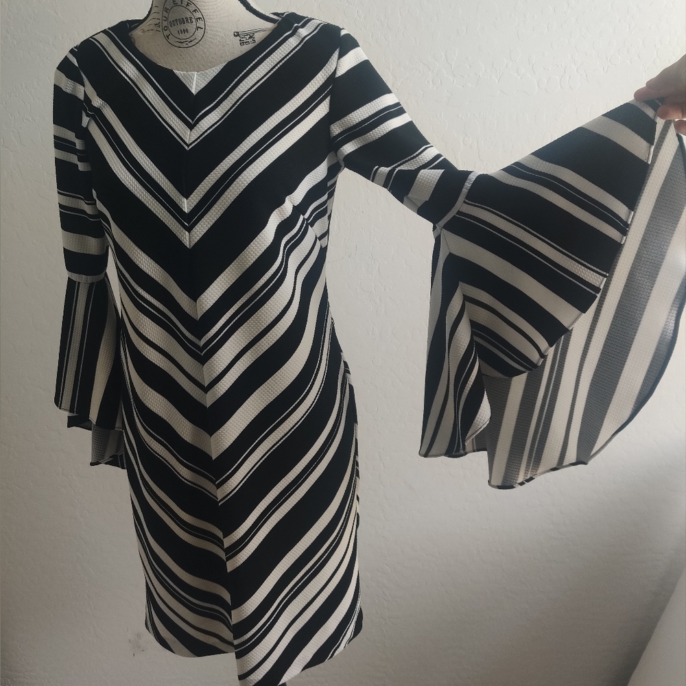 MSK black & white striped midi dress with bell sleeves_Small